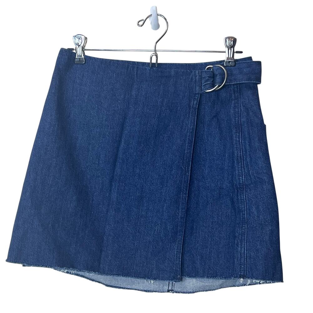 Madewell Wrap Blue Jean Mini Skirt Raw Hem Women's 0 Buckle Closure